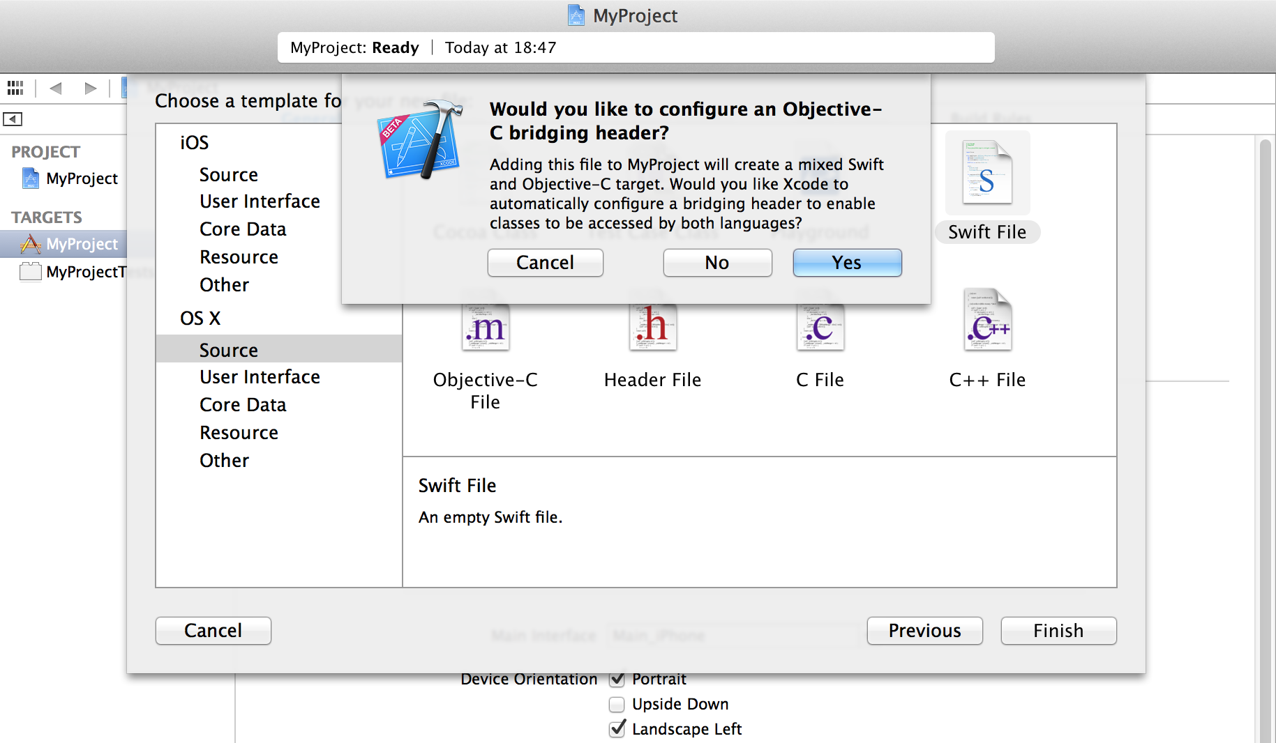 Creating Objective-C bridging header prompt